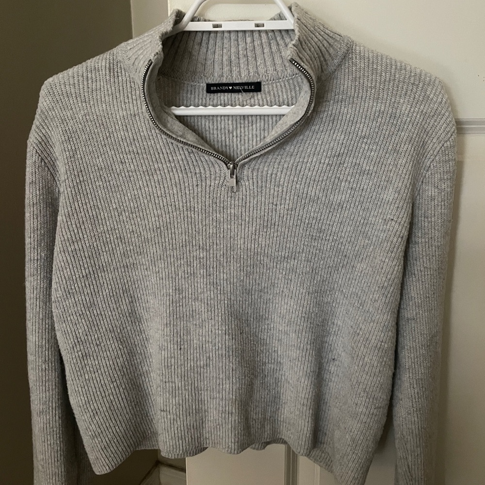 Brandy Melville Grey Ribbed Quarter Zip Sweater